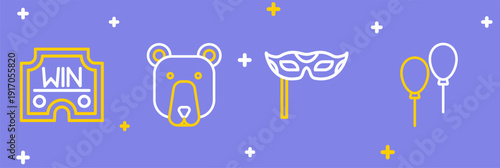 Set line Balloons with ribbon, Festive mask, Bear head and Casino win icon. Vector