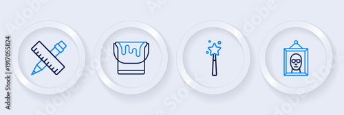 Set line Picture, Magic wand, Paint bucket and Crossed ruler pencil icon. Vector