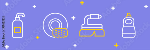 Set line Dishwashing liquid bottle, Brush for cleaning, Washing dishes and Antibacterial soap icon. Vector