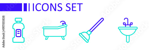 Set line Washbasin, Rubber plunger, Bathtub and Bottle for detergent icon. Vector