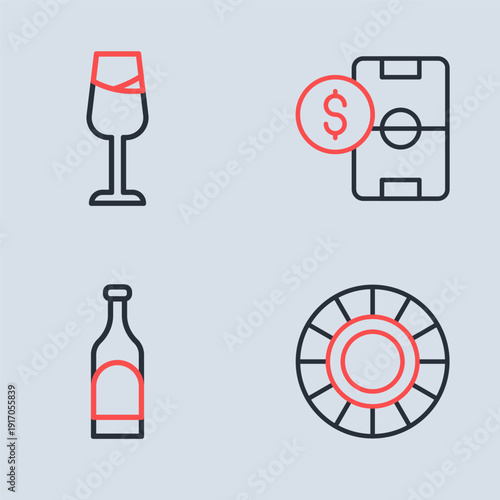 Set line Football betting money, Bottle of wine, Casino chips and Wine glass icon. Vector