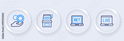 Set line Online poker table game, sports betting, Slot machine and Hand holding casino chips icon. Vector
