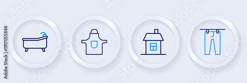 Set line Drying clothes, House, Kitchen apron and Bathtub icon. Vector