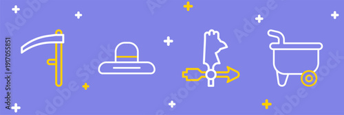 Set line Wheelbarrow, Rooster weather vane, Farmer worker hat and Scythe icon. Vector