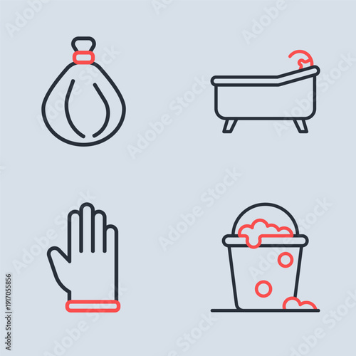 Set line Bathtub, Rubber gloves, Bucket with foam and bubbles and Garbage bag icon. Vector