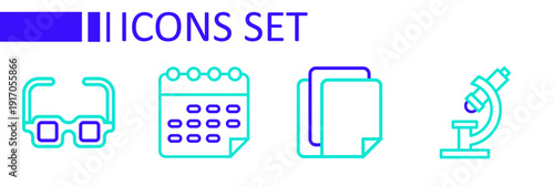 Set line Microscope, File document, School timetable and Glasses icon. Vector
