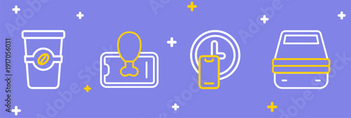 Set line Lunch box, Round the clock delivery, Food ordering on mobile and Coffee cup to go icon. Vector