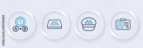 Set line Taxi driver license, cap, car roof and waiting time icon. Vector