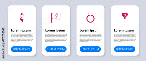 Set Balloons with 8 March, Diamond engagement ring, Feminist activist and Flower tulip. Business infographic template. Vector