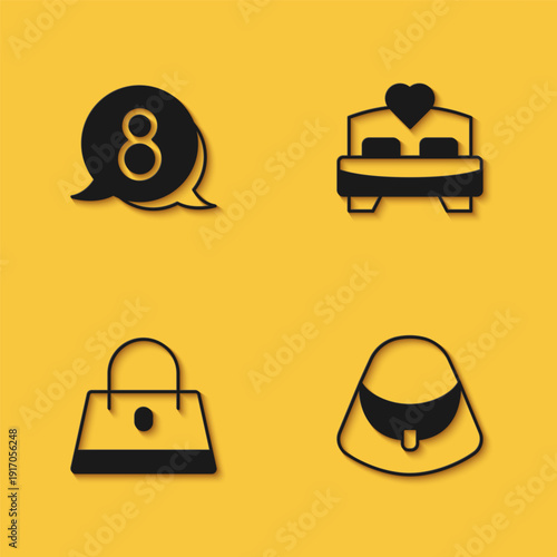 Set 8 March in speech bubble, Handbag, and Bedroom icon with long shadow. Vector