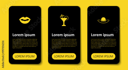 Set Elegant women hat, Martini glass and Smiling lips. Business infographic template. Vector