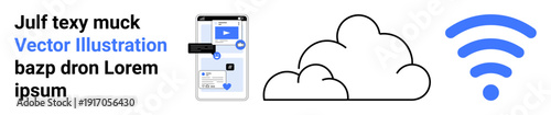 Cloud storage, wireless communication, mobile apps, internet technology, digital accessibility, smart devices. Smartphone showing app interface, cloud and wireless icon. Cloud storage and mobile