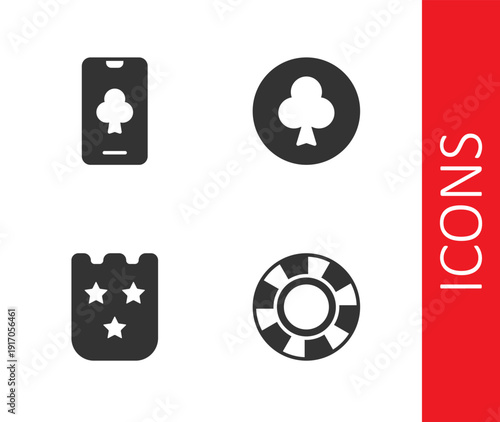 Set Casino chips, Online poker table game, Lottery ticket and Playing card with clubs symbol icon. Vector