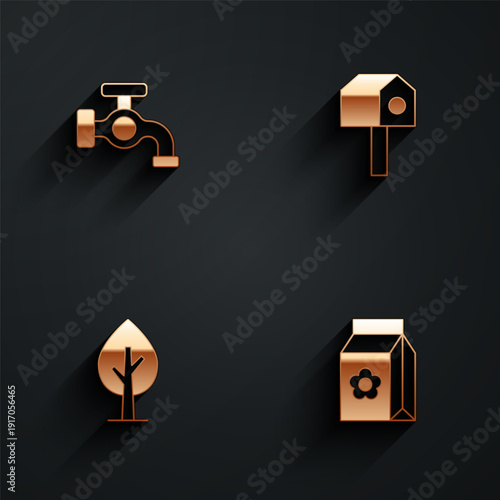 Set Water tap, Bird house, Tree and Pack full of seeds icon with long shadow. Vector