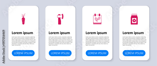 Set Pack full of seeds, Calendar with autumn leaves, Wooden axe and Carrot. Business infographic template. Vector