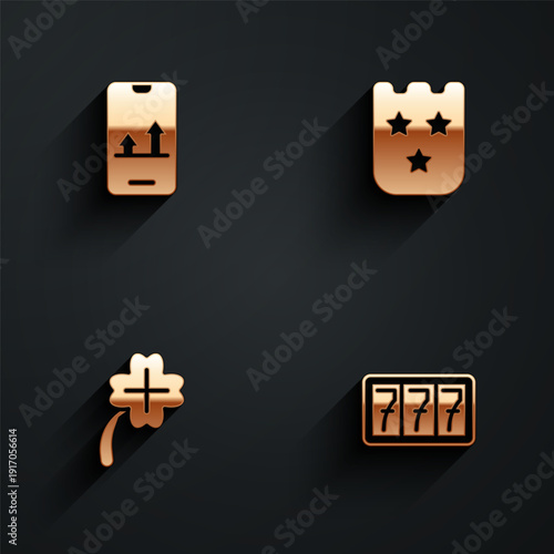 Set Online sports betting, Lottery ticket, Casino slot machine with clover and Slot jackpot icon with long shadow. Vector
