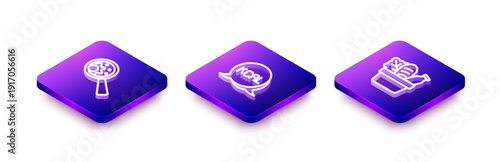 Set Isometric line GMO, Kcal and Shopping bag and food icon. Vector