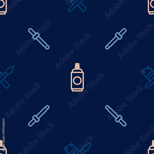 Set line Paint brush, Eyedropper color picker palette and spray can on seamless pattern. Vector
