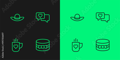 Set line Gift box and heart, Coffee cup, Elegant women hat and Heart in speech bubble icon. Vector