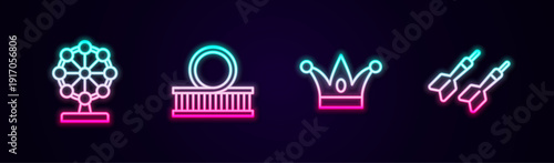 Set line Ferris wheel, Roller coaster, Jester hat with bells and Dart arrow. Glowing neon icon. Vector