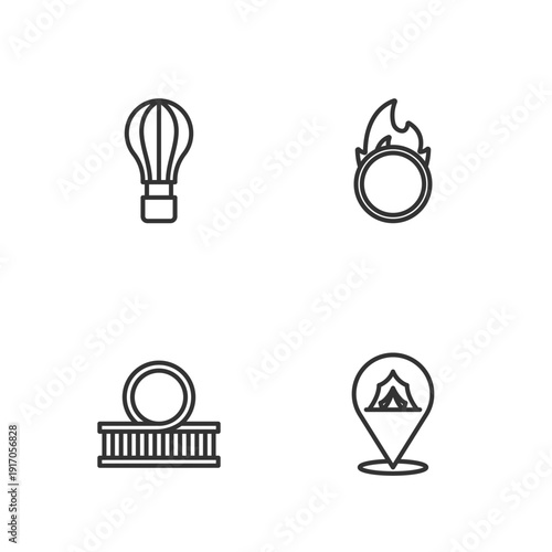 Set line Circus tent, Roller coaster, Hot air balloon and fire hoop icon. Vector