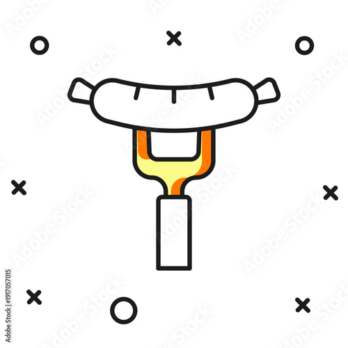 Filled outline Sausage on the fork icon isolated on white background. Grilled sausage and aroma sign. Flat filled outline style with shadow. Vector