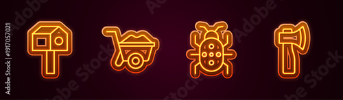 Set line Bird house, Wheelbarrow, Colorado beetle and Wooden axe. Glowing neon icon. Vector