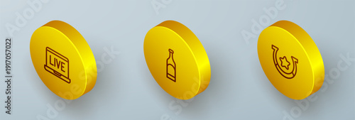 Set Isometric line Online poker table game, Bottle of wine and Horseshoe icon. Vector