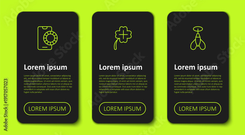 Set line Online sports betting, Casino slot machine with clover and Dart arrow. Business infographic template. Vector