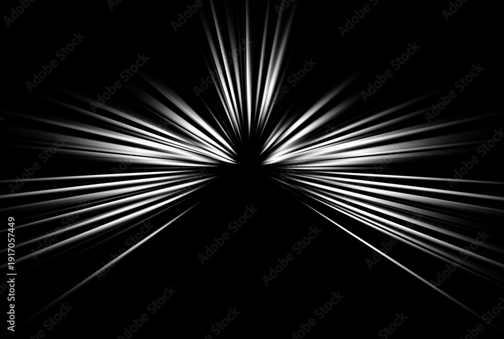 Obraz premium Abstract black and white radial zoom background with bright light rays on dark backdrop. Dramatic burst effect with strong contrast and motion lines. Modern dynamic design template.