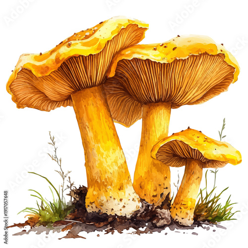 Forest Mushrooms, clipart vector in watercolor style with flowing brushwork, isolated on a white background.