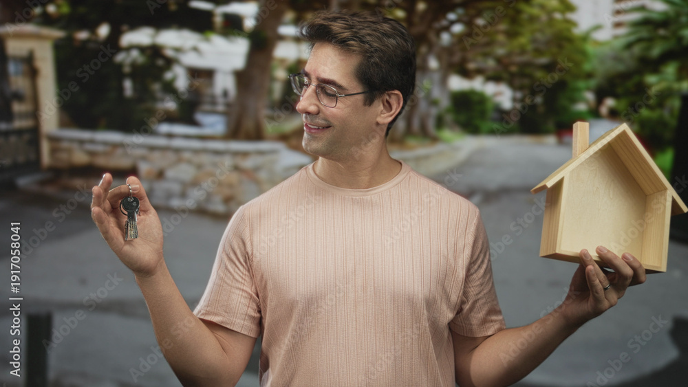 Fototapeta premium Man holds keys in left hand and a wooden house model in right hand on a street, smiling and wearing glasses; homeownership pride.