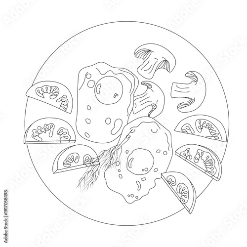 A breakfast of scrambled eggs, fresh tomatoes, mushrooms, and a sprig of dill. Food on a plate in doodle style. Vector illustration isolated on a white background.