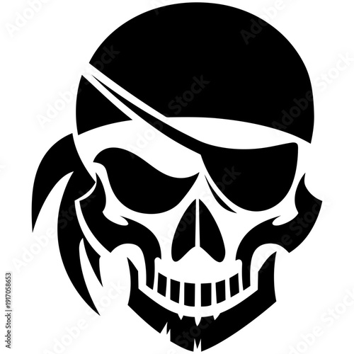 Vector Art Bold Pirate Skull with Eyepatch and Ornate Helmet for Tattoo or Logo Design