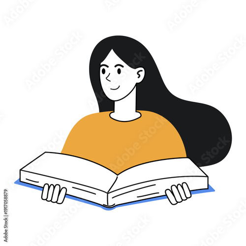 Smiling young woman dreamily distracted from large book. Reading interesting romantic literature. Doodle vector illustration.