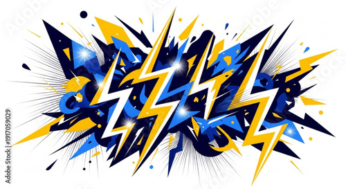 A vibrant and dynamic vector graphic illustration of lightning bolts in blue and yellow hues