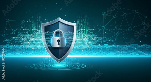 A vector graphic illustration of a shield with a padlock on a digital background with code and network connections