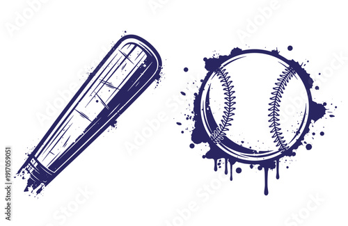 Grunge texture Baseball bat and ball with grunge effect on white background  sports equipment Vintage Style