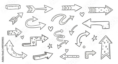 A set of hand-drawn arrows and hearts in a minimalist line art style