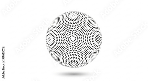 A black and white vector graphic illustration of a sphere made up of small dots in a spiral pattern
