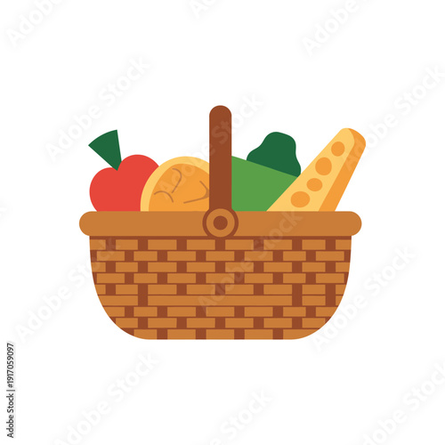 A wicker basket filled with fresh produce and baked goods on a white background