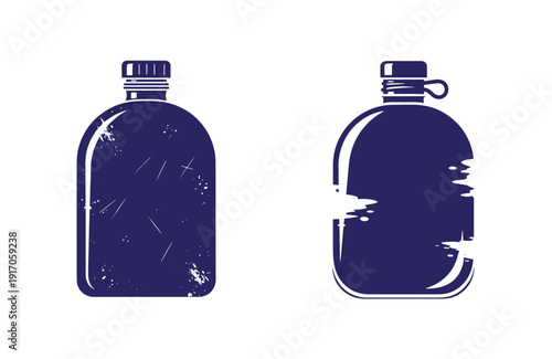 Grunge texture dark blue flask bottles with screw on caps and scratches on surface Vintage Style