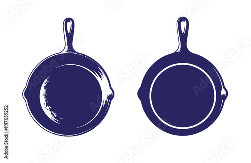 Grunge texture Dark blue cast iron frying pans with handles on white background  cooking utensils Vintage Style