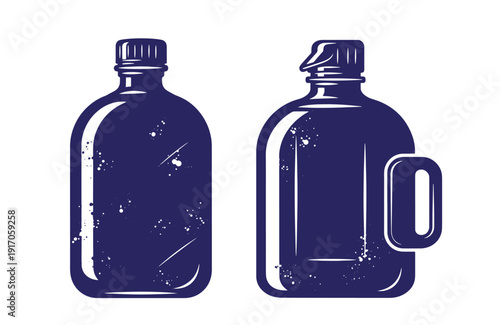 Grunge texture dark blue illustration of two empty plastic bottles with screw on caps one with handle on side Vintage Style