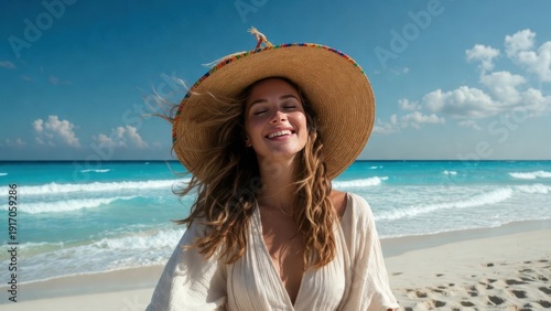 Smiling young caucasian female enjoying a sunny day at the beach.