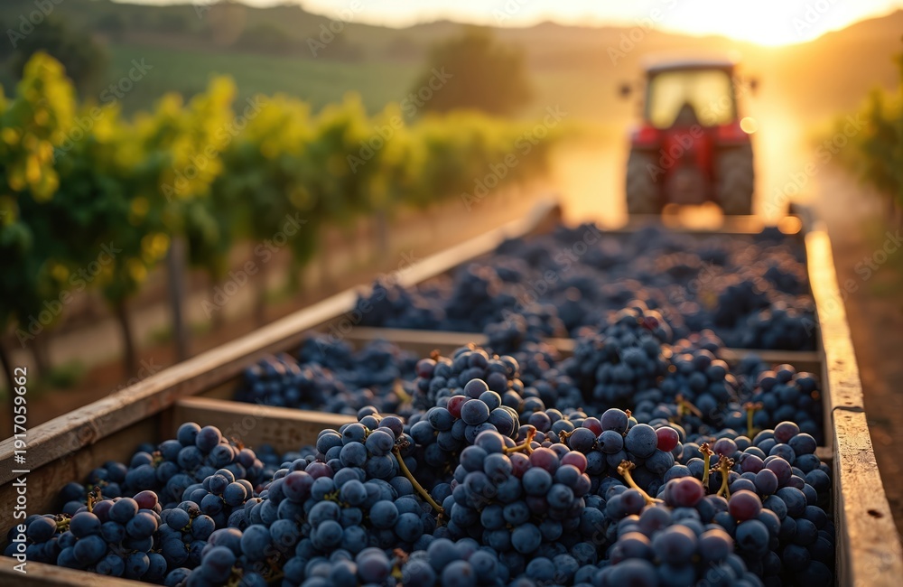Fototapeta premium Red tractor transports freshly picked grapes in wooden crates across a vineyard at sunset. Harvest season is in full swing with ripe fruit ready for winemaking.