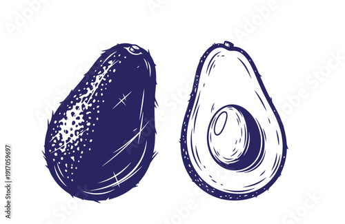 Grunge texture Hand drawn illustration of whole and halved avocado with pit on white background Vintage Style