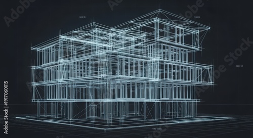 Modern three-story building wireframe design showcasing architectural structure and technical details in a digital blueprint format perfectly.