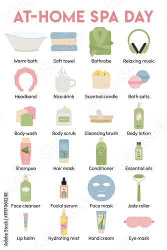 At-home spa day infographic. Illustrations of beauty cosmetic products for skin care. Home spa concept, self-care ritual, home treatment and wellness lifestyle. Hand drawn vector illustration