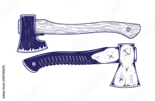 Grunge texture Two axes with wooden and plastic handles for chopping and cutting tools for outdoor and construction work  essential equipment for lumberjacks and builders Vintage Style